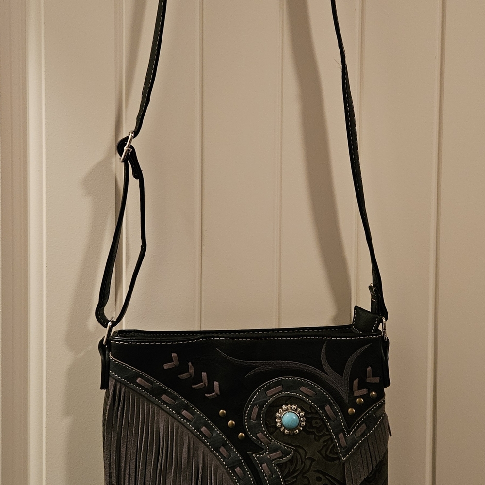 Stylish Western Black and Gray Fringe Shoulder Bag, with Concealed Carry Pouch.